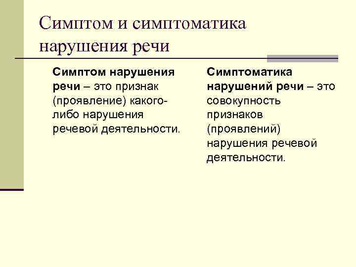 Симптом и симптоматика нарушения речи Симптом нарушения речи – это признак (проявление) какоголибо нарушения