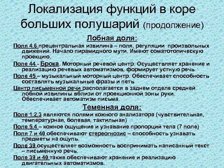 Локализация функций в коре больших полушарий (продолжение) Лобная доля: Поля 4, 6 прецентральная извилина