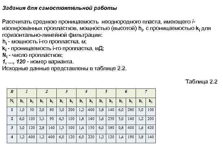 Задания для самостоятельной работы Рассчитать среднюю проницаемость неоднородного пласта, имеющего iизолированных пропластков, мощностью (высотой)