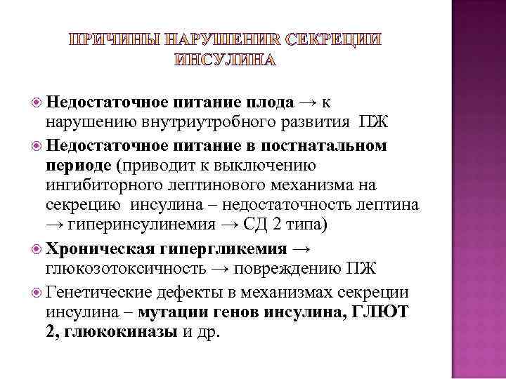  Недостаточное питание плода → к нарушению внутриутробного развития ПЖ Недостаточное питание в постнатальном