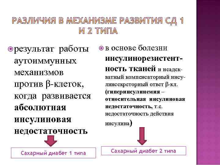  результат работы аутоиммунных механизмов против β-клеток, когда развивается абсолютная инсулиновая недостаточность Сахарный диабет
