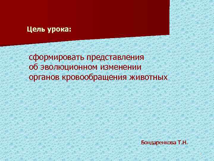 Цель урока: сформировать представления об эволюционном изменении органов кровообращения животных Бондаренкова Т. Н. 2