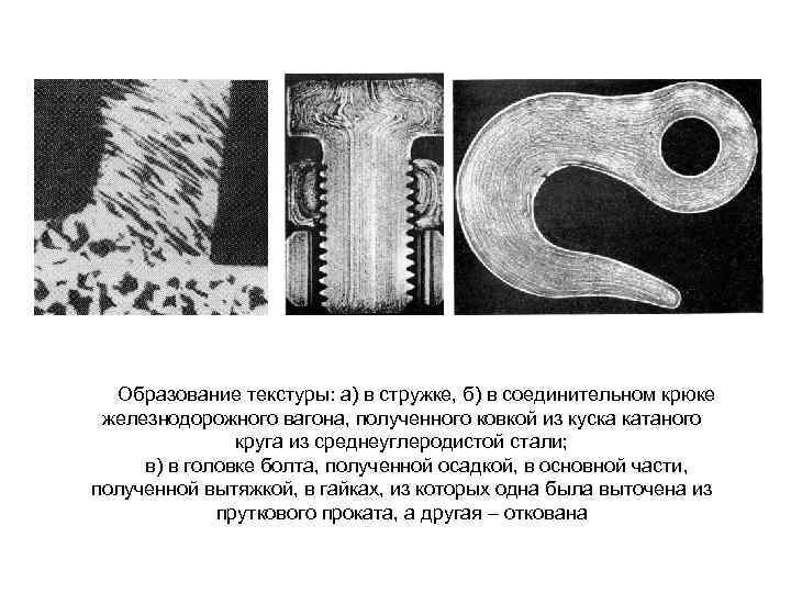 Образование текстуры: а) в стружке, б) в соединительном крюке железнодорожного вагона, полученного ковкой из