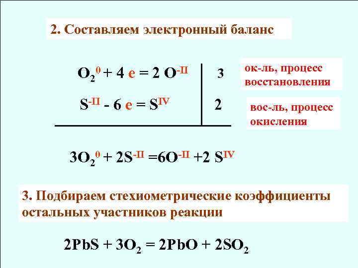 2. Составляем электронный баланс O 20 + 4 e=2 O-II S-II - 6 e