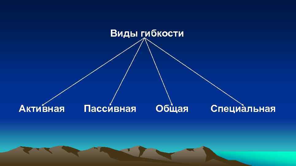  Виды гибкости Активная Пассивная Общая Специальная 