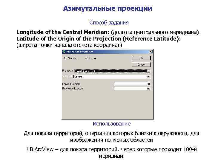 Азимутальные проекции Способ задания Longitude of the Central Meridian: (долгота центрального меридиана) Latitude of
