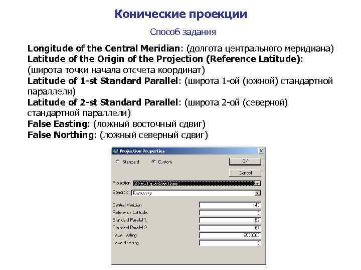 Конические проекции Способ задания Longitude of the Central Meridian: (долгота центрального меридиана) Latitude of