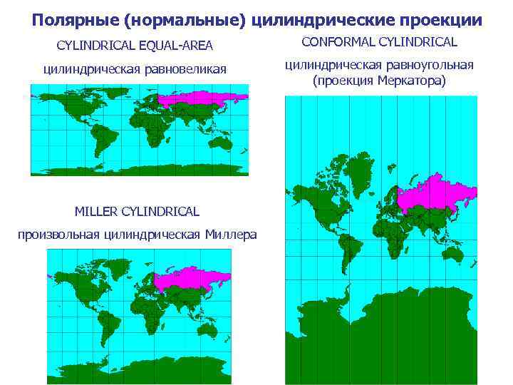 Полярные (нормальные) цилиндрические проекции CYLINDRICAL EQUAL-AREA CONFORMAL CYLINDRICAL цилиндрическая равновеликая цилиндрическая равноугольная (проекция Меркатора)