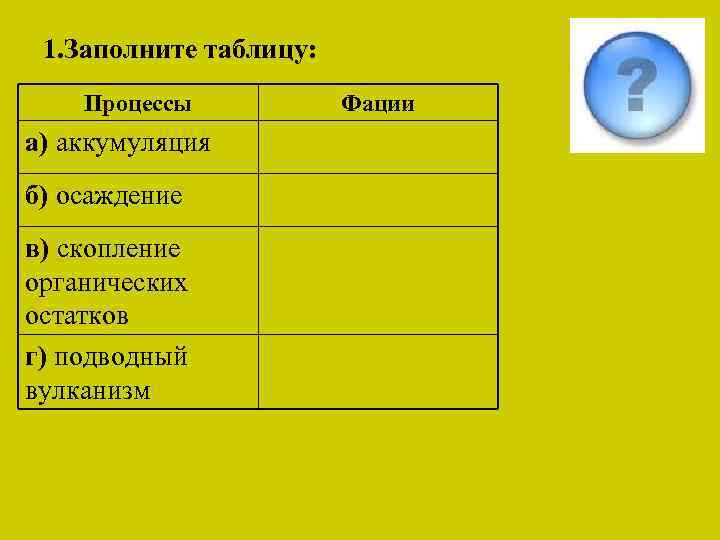 1. Заполните таблицу: Процессы а) аккумуляция б) осаждение в) скопление органических остатков г) подводный