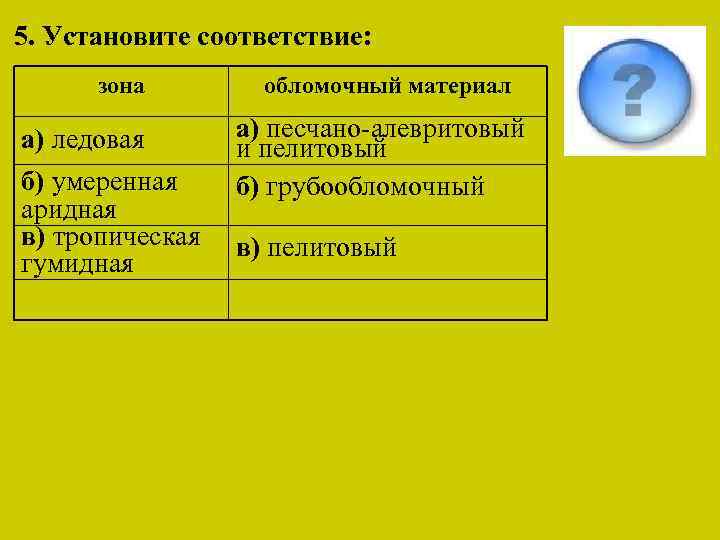 5. Установите соответствие: зона а) ледовая б) умеренная аридная в) тропическая гумидная обломочный материал