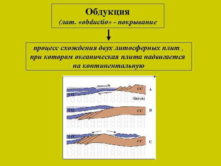 Обдукция (лат. «оbductio» - покрывание процесс схождения двух литосферных плит , при котором океаническая