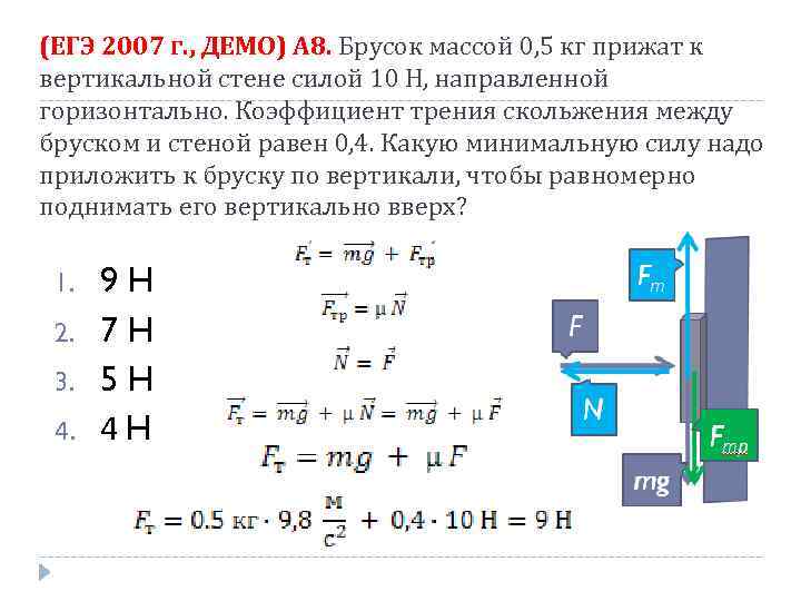 (ЕГЭ 2007 г. , ДЕМО) А 8. Брусок массой 0, 5 кг прижат к