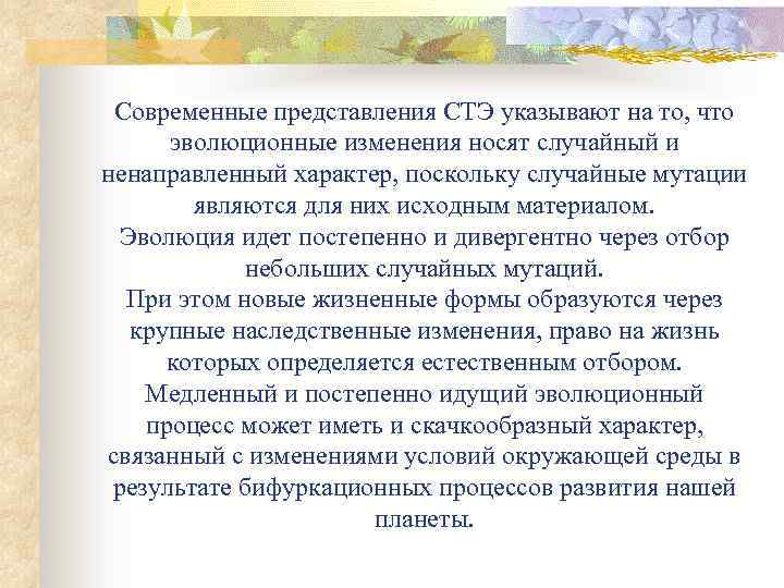 Современные представления СТЭ указывают на то, что эволюционные изменения носят случайный и ненаправленный характер,
