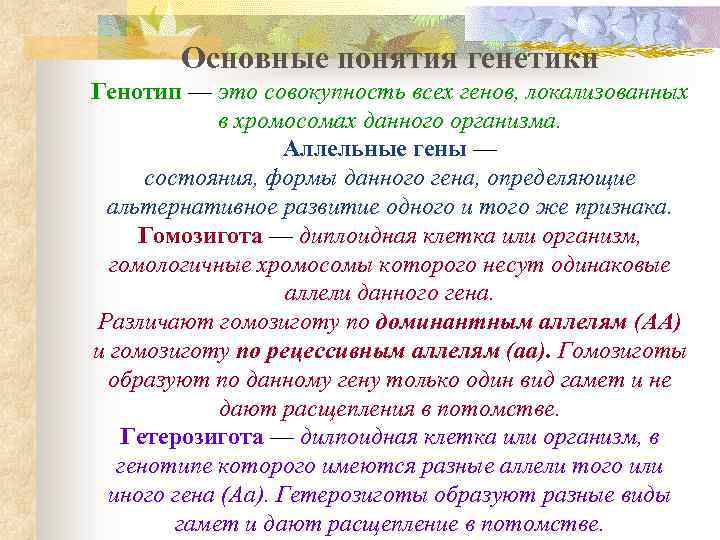 Основные понятия генетики Генотип — это совокупность всех генов, локализованных в хромосомах данного организма.