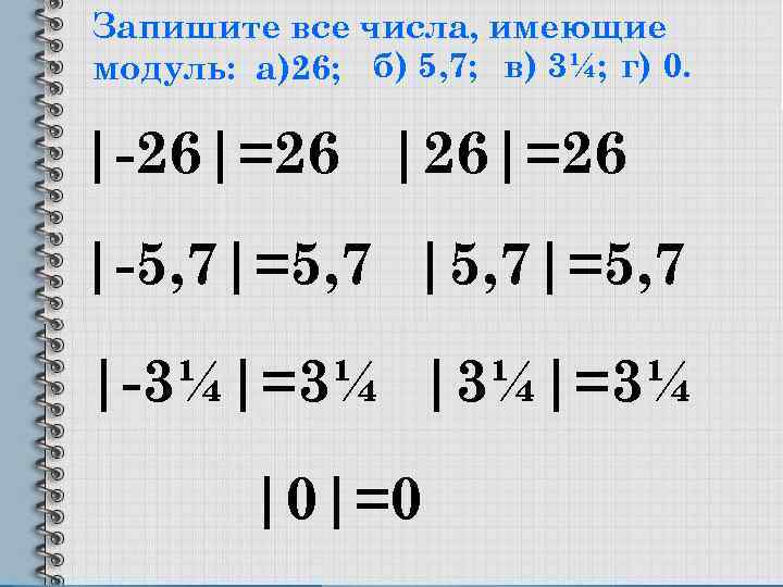 Запишите все числа, имеющие модуль: а)26; б) 5, 7; в) 3¼; г) 0. |-26|=26