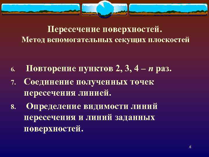 Пересечение поверхностей. Метод вспомогательных секущих плоскостей 6. 7. 8. Повторение пунктов 2, 3, 4