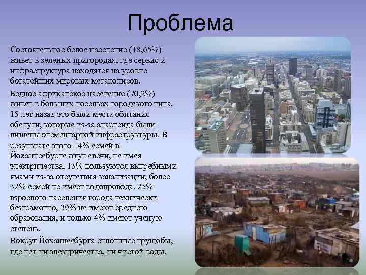 Проблема Состоятельное белое население (18, 65%) живет в зеленых пригородах, где сервис и инфраструктура