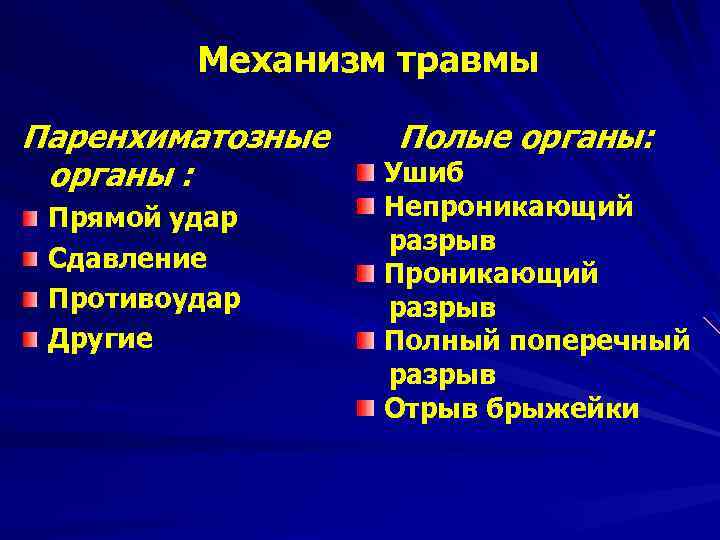 Механизм травмы Паренхиматозные органы : Прямой удар Сдавление Противоудар Другие Полые органы: Ушиб Непроникающий