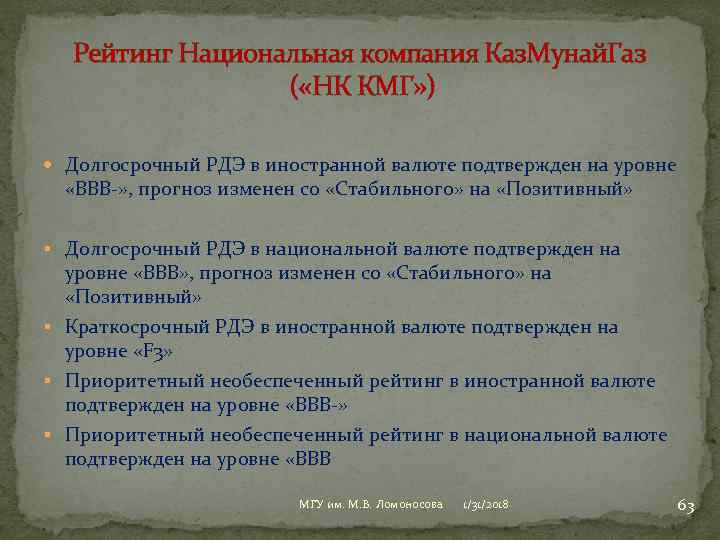 Рейтинг Национальная компания Каз. Мунай. Газ ( «НК КМГ» ) Долгосрочный РДЭ в иностранной