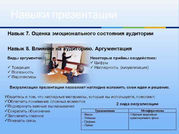 Навыки презентации Навык 7. Оценка эмоционального состояния аудитории Навык 8. Влияние на аудиторию. Аргументация