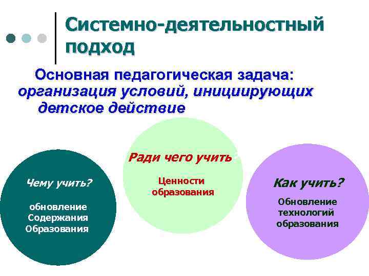 Системно-деятельностный подход Основная педагогическая задача: организация условий, инициирующих детское действие Ради чего учить? Чему