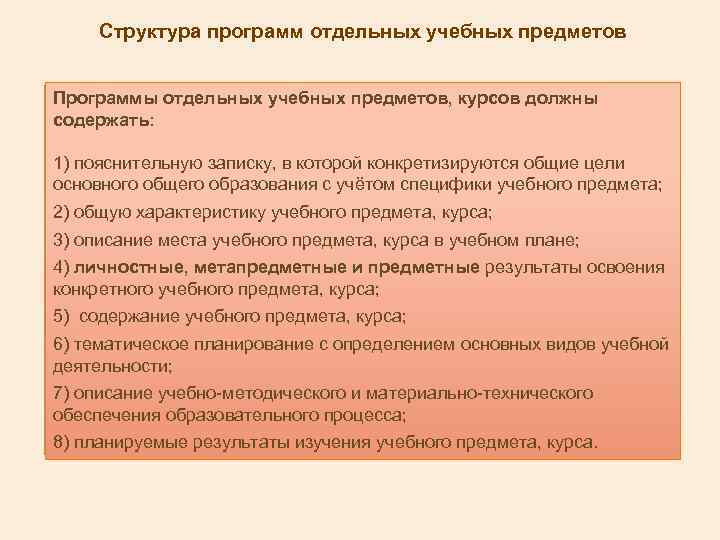 Структура программ отдельных учебных предметов Программы отдельных учебных предметов, курсов должны содержать: 1) пояснительную