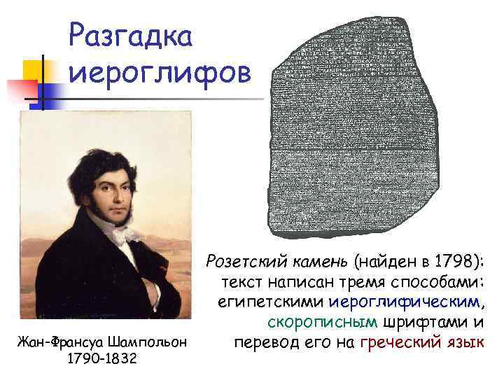 Разгадка иероглифов Жан-Франсуа Шампольон 1790 -1832 Розетский камень (найден в 1798): текст написан тремя