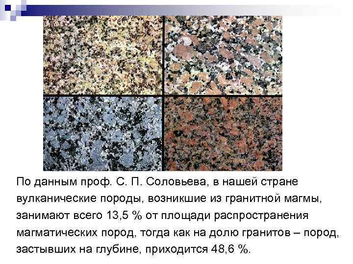 По данным проф. С. П. Соловьева, в нашей стране вулканические породы, возникшие из гранитной