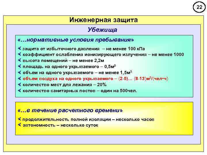 22 Инженерная защита Убежища «…нормативные условия пребывания» защита от избыточного давления – не менее