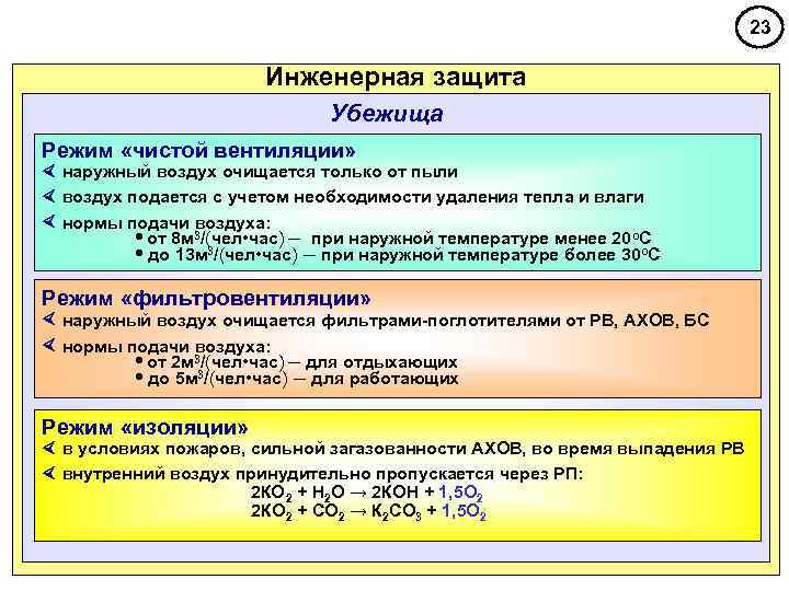 23 Инженерная защита Убежища Режим «чистой вентиляции» наружный воздух очищается только от пыли воздух