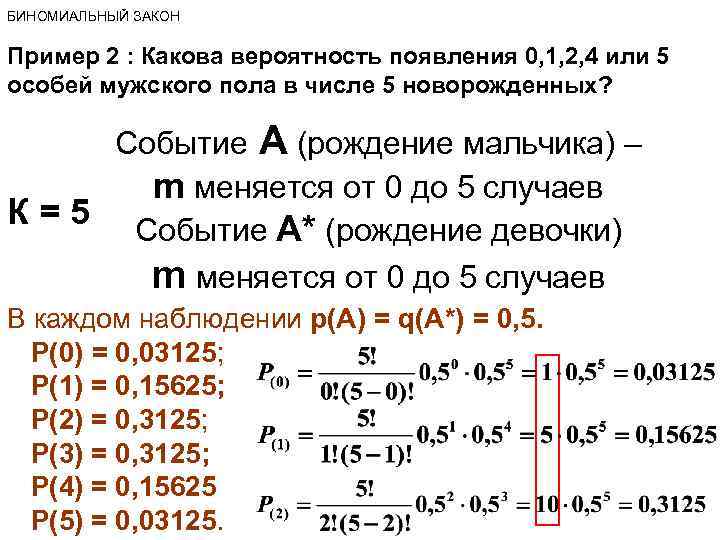 БИНОМИАЛЬНЫЙ ЗАКОН Пример 2 : Какова вероятность появления 0, 1, 2, 4 или 5