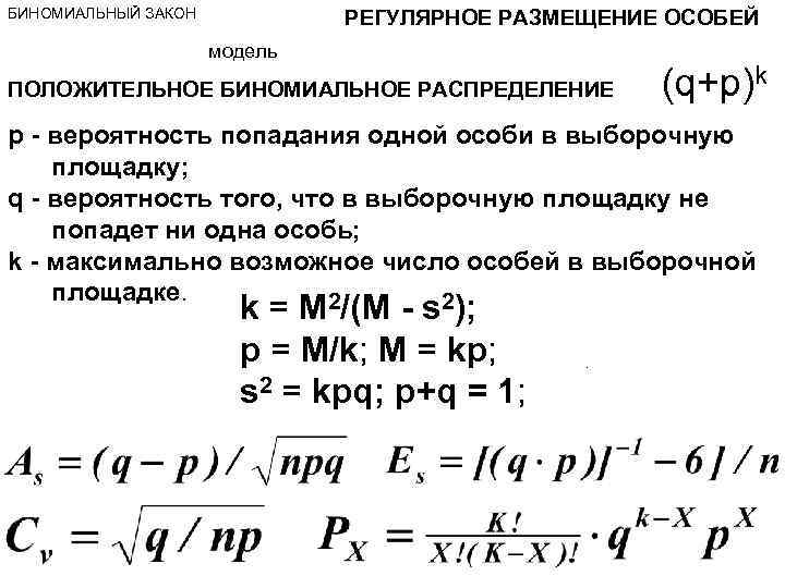 БИНОМИАЛЬНЫЙ ЗАКОН РЕГУЛЯРНОЕ РАЗМЕЩЕНИЕ ОСОБЕЙ модель ПОЛОЖИТЕЛЬНОЕ БИНОМИАЛЬНОЕ РАСПРЕДЕЛЕНИЕ (q+p)k p - вероятность попадания