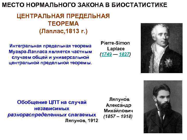 МЕСТО НОРМАЛЬНОГО ЗАКОНА В БИОСТАТИСТИКЕ ЦЕНТРАЛЬНАЯ ПРЕДЕЛЬНАЯ ТЕОРЕМА (Лаплас, 1813 г. ) Интегральная предельная