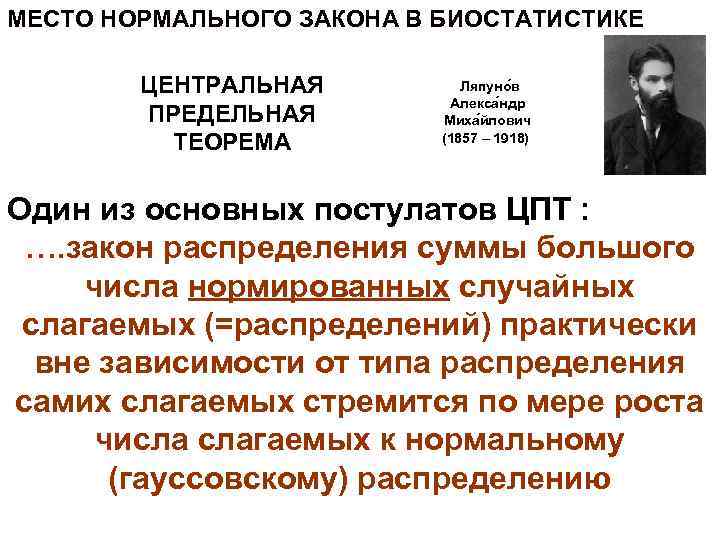 МЕСТО НОРМАЛЬНОГО ЗАКОНА В БИОСТАТИСТИКЕ ЦЕНТРАЛЬНАЯ ПРЕДЕЛЬНАЯ ТЕОРЕМА Ляпуно в Алекса ндр Миха йлович
