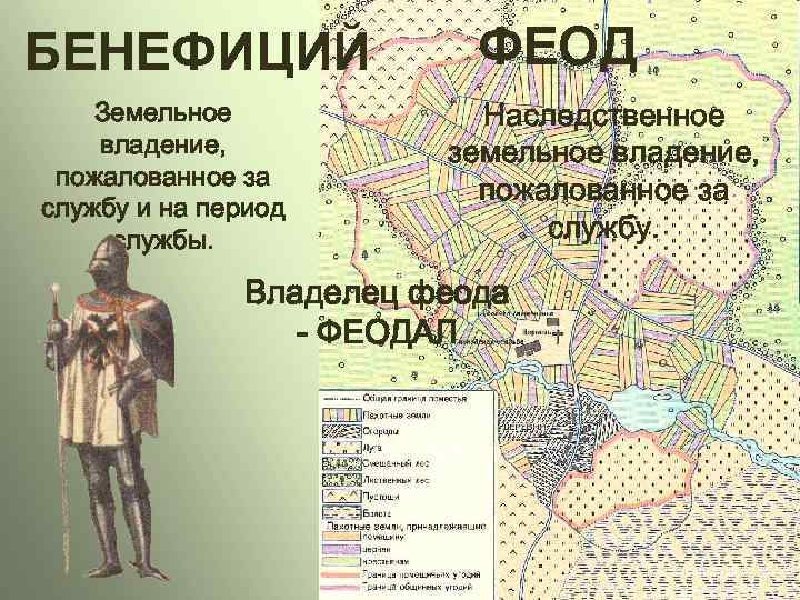 БЕНЕФИЦИЙ Земельное владение, пожалованное за службу и на период службы. ФЕОД Наследственное земельное владение,