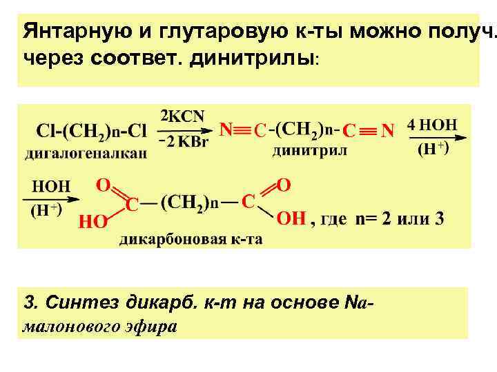 Янтарную и глутаровую к-ты можно получ. через соответ. динитрилы: 3. Синтез дикарб. к-т на