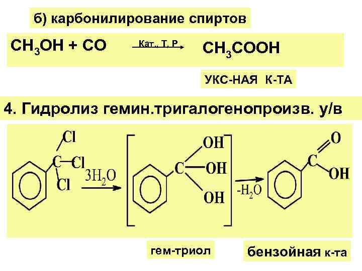 б) карбонилирование спиртов СН 3 ОН + СО Кат. , Т, Р СН 3