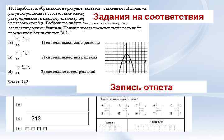10. Парабола, изображенная на рисунке, задается уравнением. Используя рисунок, установите соответствие между системами уравнений