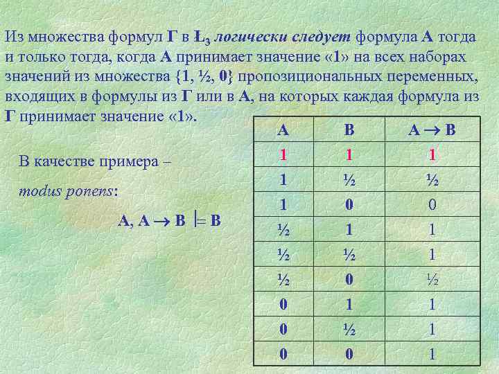 Из множества формул Г в Ł3 логически следует формула А тогда и только тогда,