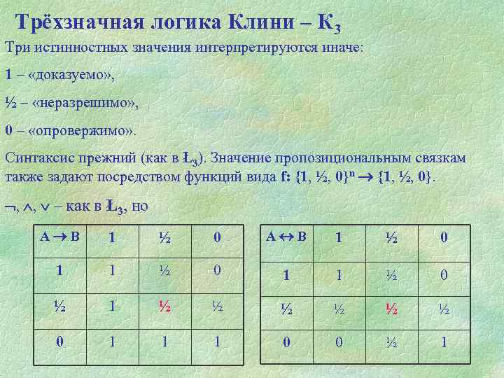 Трёхзначная логика Клини – К 3 Три истинностных значения интерпретируются иначе: 1 – «доказуемо»