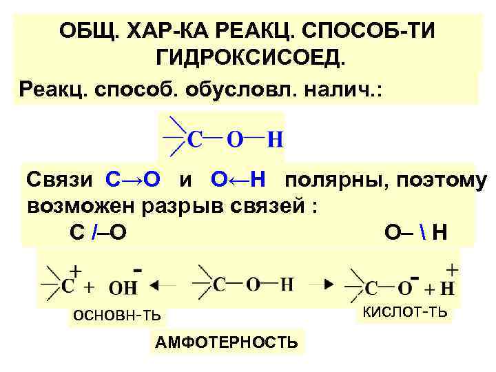 ОБЩ. ХАР-КА РЕАКЦ. СПОСОБ-ТИ ГИДРОКСИСОЕД. Реакц. способ. обусловл. налич. : Связи С→О и О←Н