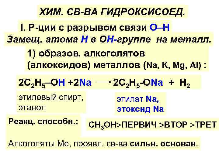 ХИМ. СВ-ВА ГИДРОКСИСОЕД. I. Р-ции с разрывом связи O–H Замещ. атома Н в ОН-группе