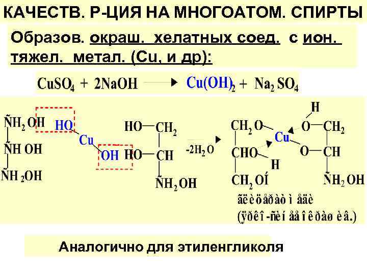 КАЧЕСТВ. Р-ЦИЯ НА МНОГОАТОМ. СПИРТЫ Образов. окраш. хелатных соед. с ион. тяжел. метал. (Сu,