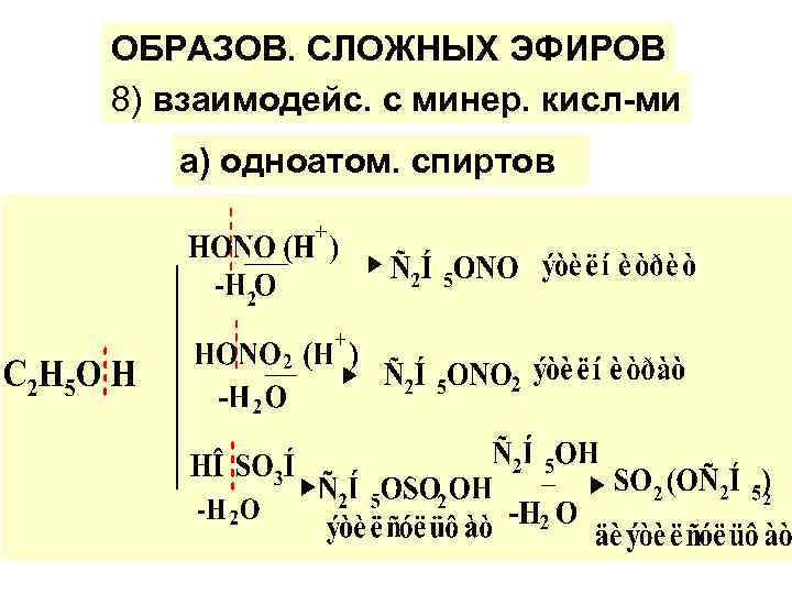 ОБРАЗОВ. СЛОЖНЫХ ЭФИРОВ 8) взаимодейс. с минер. кисл-ми а) одноатом. спиртов 