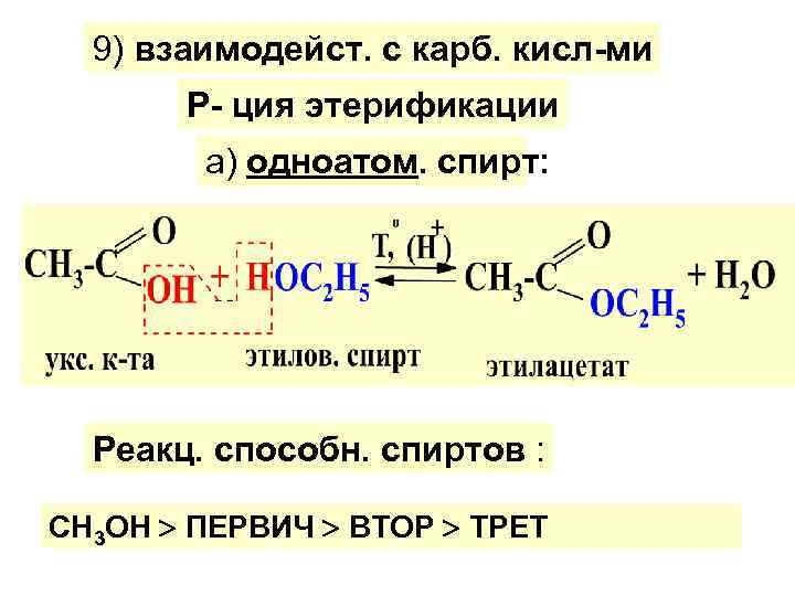 9) взаимодейст. с карб. кисл-ми Р- ция этерификации а) одноатом. спирт: Реакц. способн. спиртов