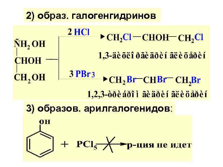 2) образ. галогенгидринов 3) образов. арилгалогенидов: 