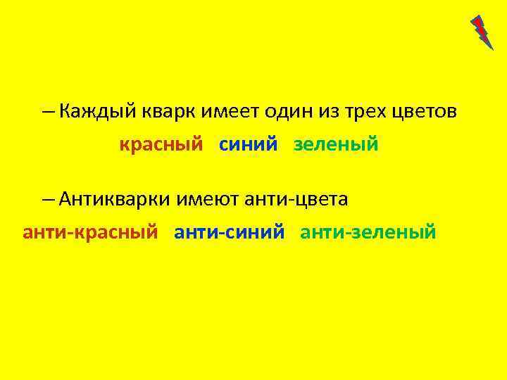 – Каждый кварк имеет один из трех цветов красный синий зеленый – Антикварки имеют