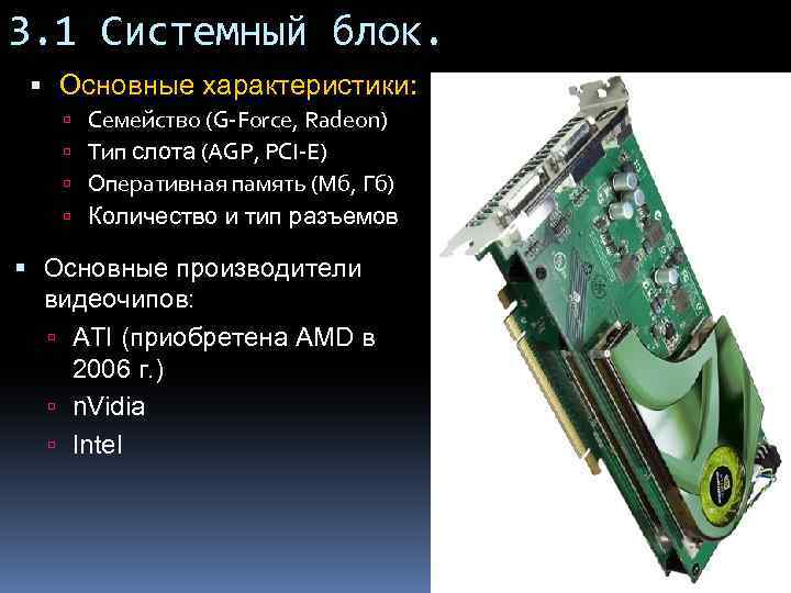 3. 1 Системный блок. Основные характеристики: Семейство (G-Force, Radeon) Тип слота (AGP, PCI-E) Оперативная