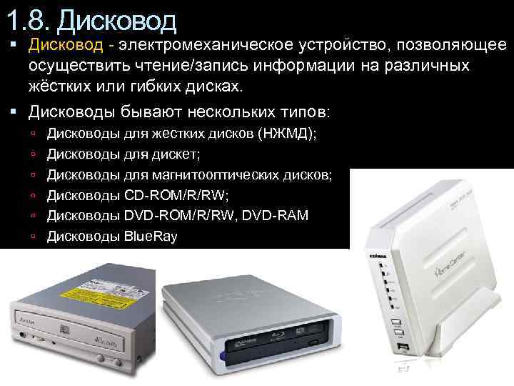 1. 8. Дисковод - электромеханическое устройство, позволяющее осуществить чтение/запись информации на различных жёстких или