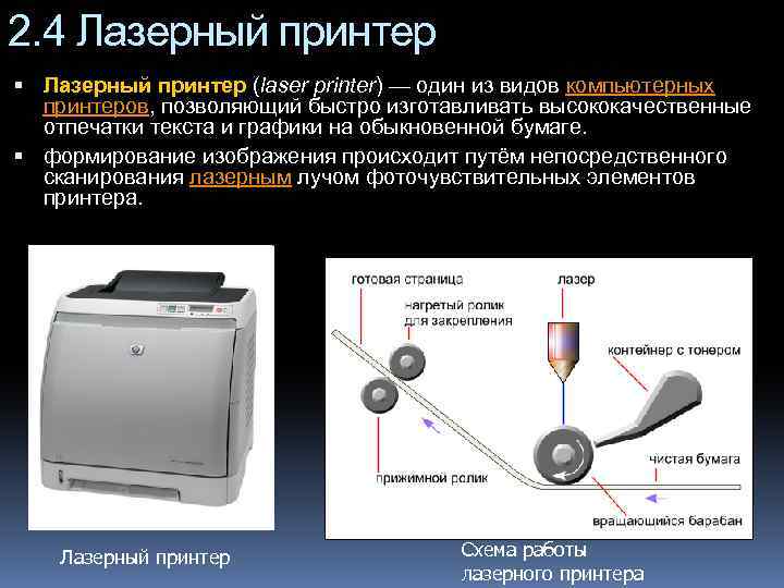 2. 4 Лазерный принтер (laser printer) — один из видов компьютерных принтеров, позволяющий быстро